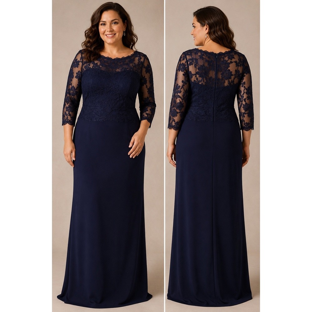 Tadashi Shoji Navy Blue Lace Peony Embroidered Stretch Crepe Gown Dress 12 MOB